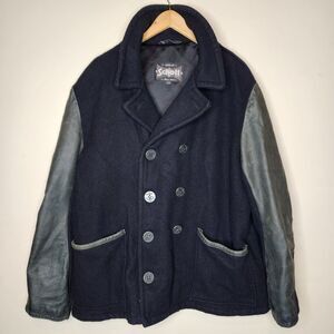 Schott NYC Peacoat Black Wool Leather Sleeves Nautical Men's 2XL